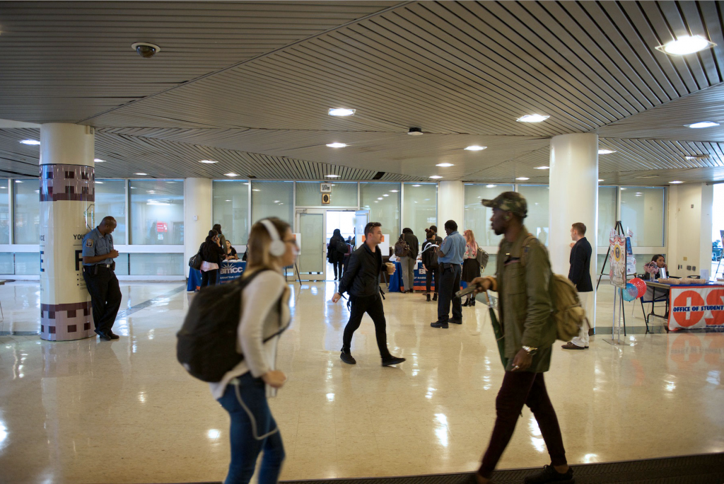 students walking in lobby