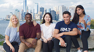 BMCC students in front of Manhattan skyline