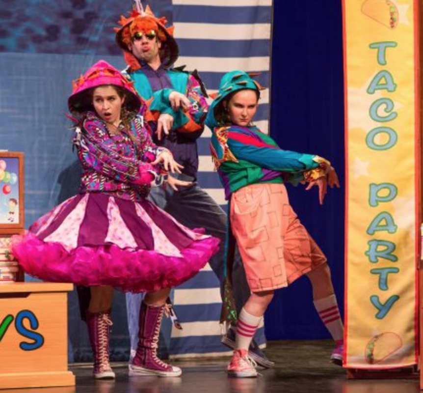 Performers on stage in colorful costumes