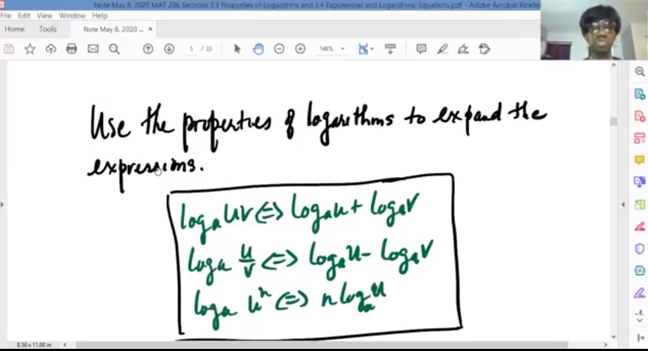 Math Professor Barbara Lawrence uses video to demonstrate processes.