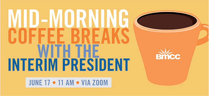 image of cup of coffee and text advertising virtual coffee break with President Wilkes