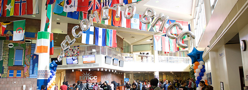 welcome sign and balloons in school lobby