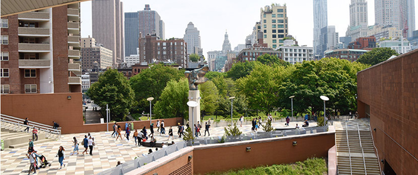 BMCC campus with students walking past buildings