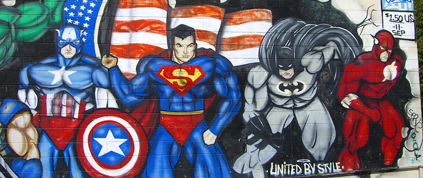 wall with illustrations of comic book superheros