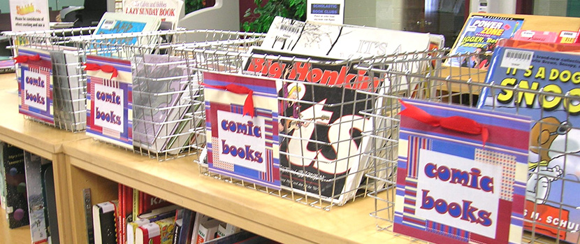 bins of comic books on a bookshelf