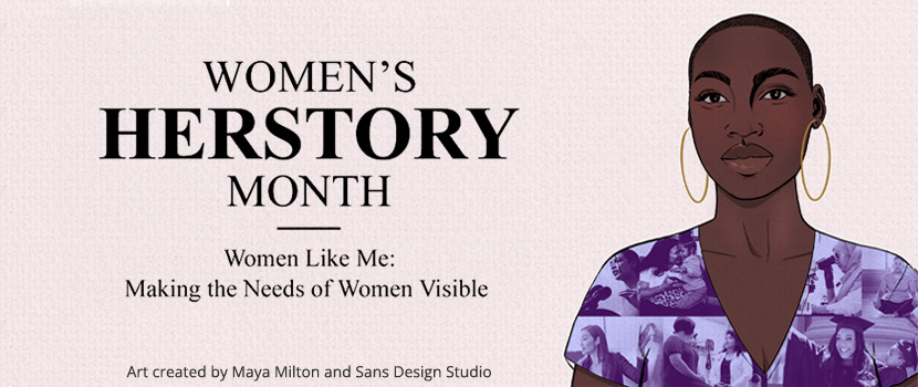 Women's HerStory Month banner with illustration of a woman in colorful clothing