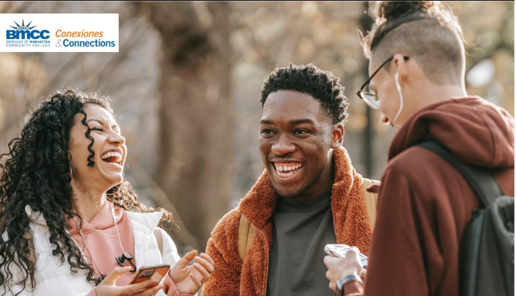 three students laughing and socializing