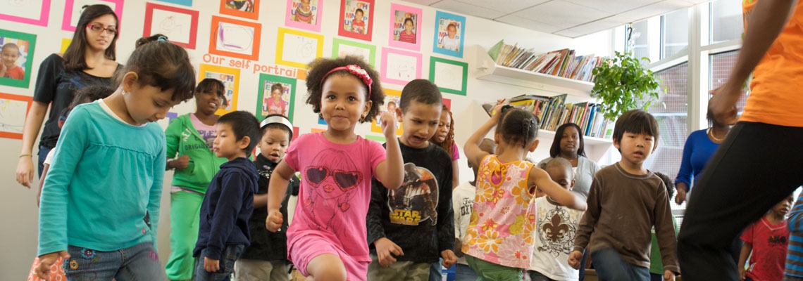 children in marching game at Early Childhood Center